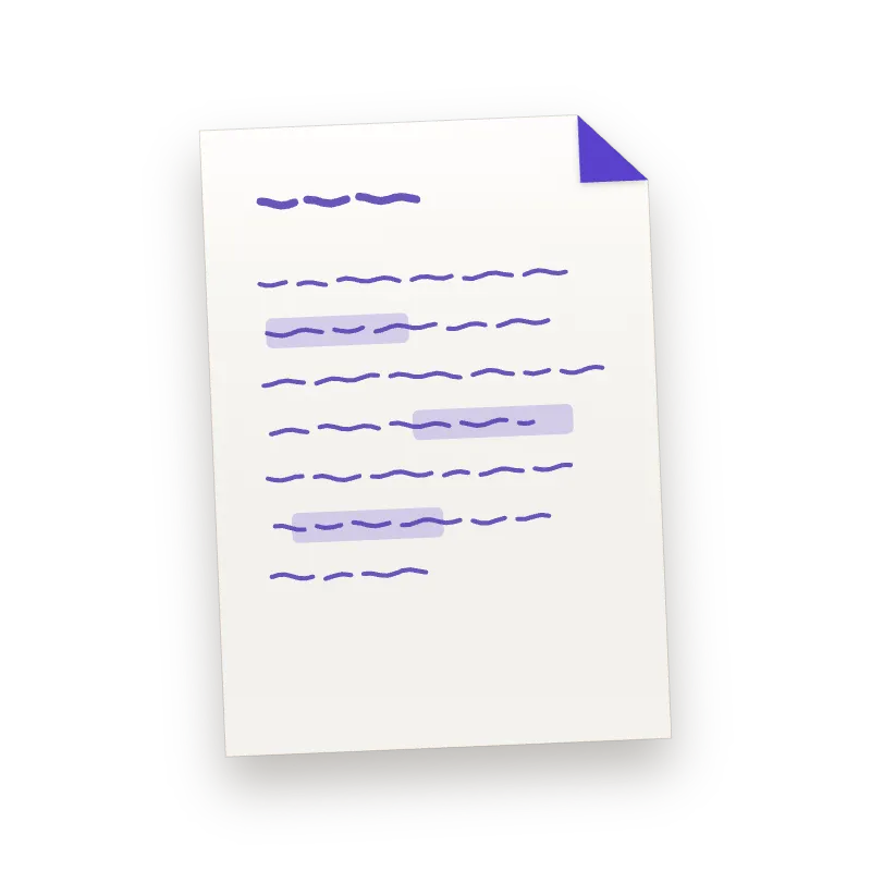 The written sheet, read line by line, three key points marked in violet.