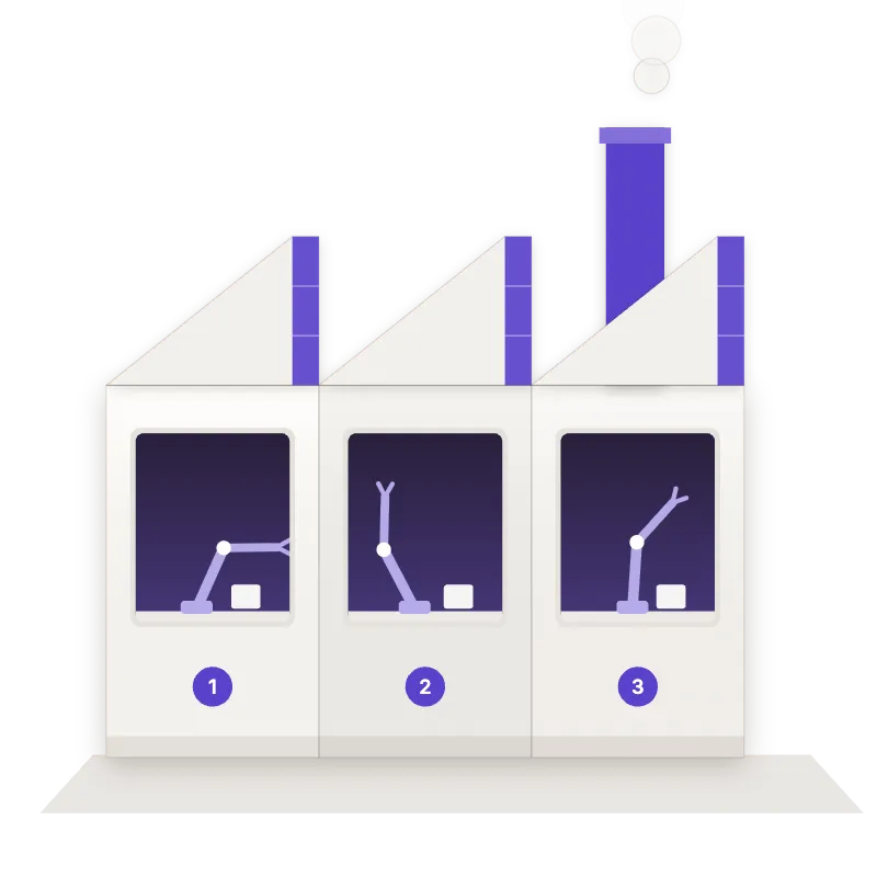 The folded sheet turned into a paper factory with a sawtooth roof and a violet chimney, a machine arm at work in each bay.